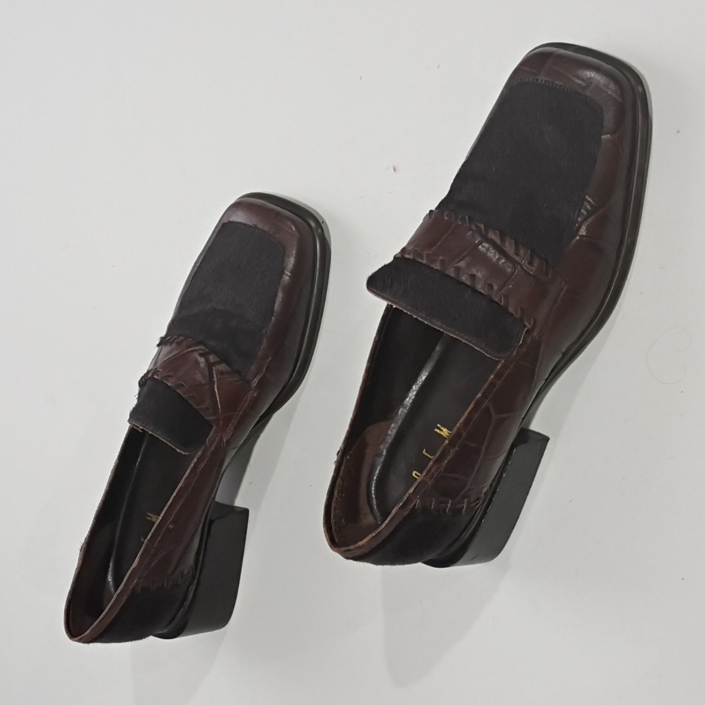 CEM Elegant Brown Leather Loafers with Faux Croc and Calf Hair Square Toe Sz 10M - Picture 2 of 16